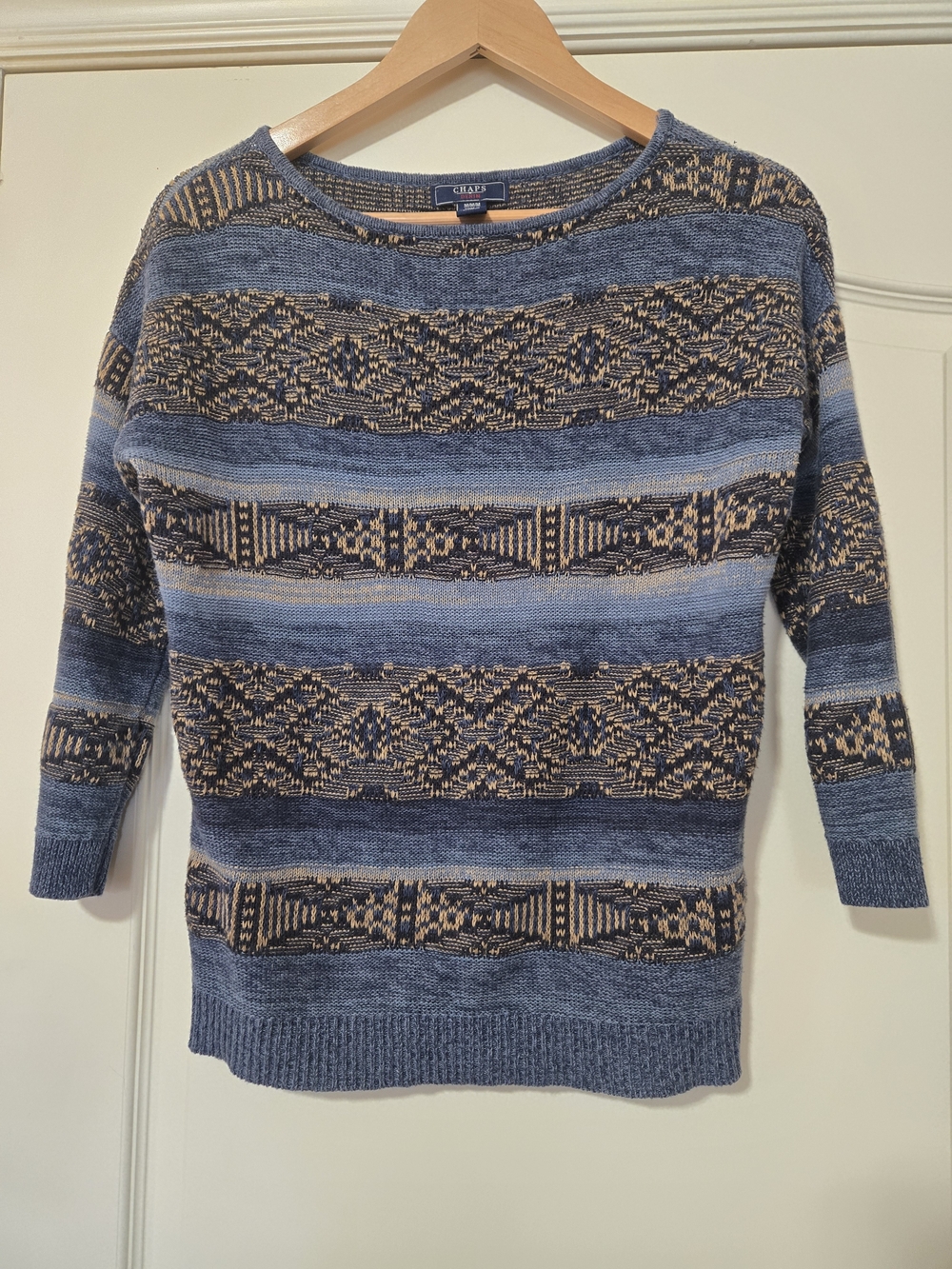 Chaps Blue Linen/Cotton Patterned Crewneck Sweater Business Casual Cozy Layer